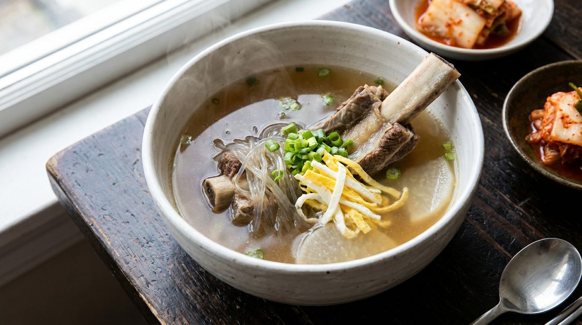 Galbitang - Korean beef short rib soup with glass noodles and egg garnish