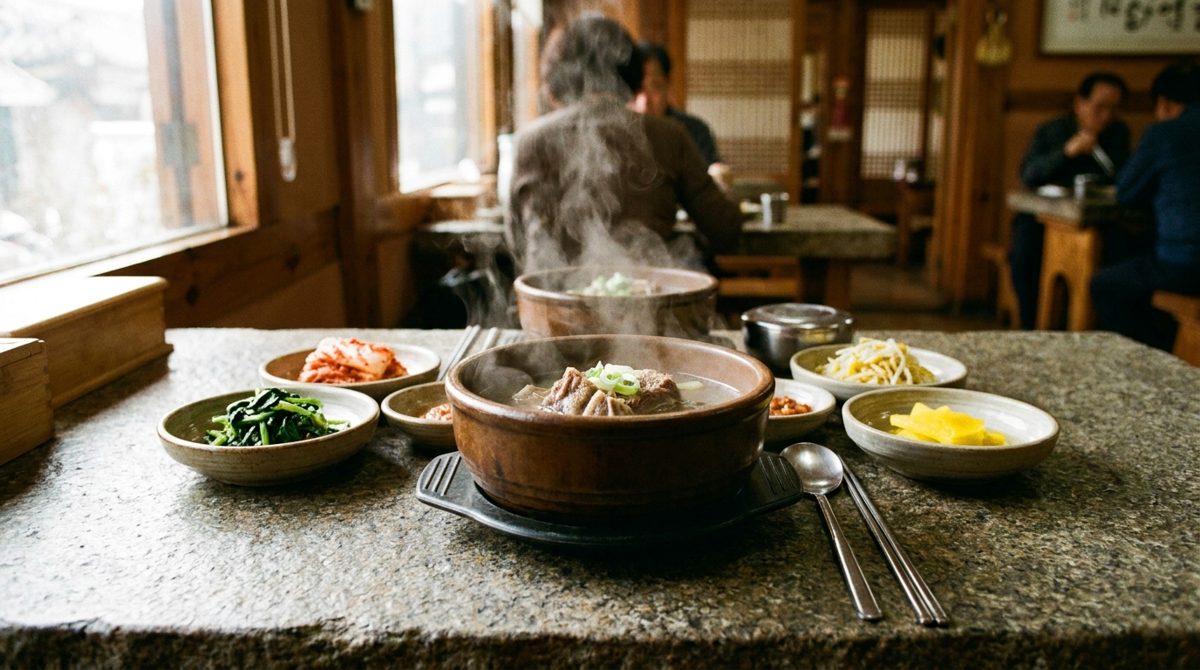 Galbitang served with banchan side dishes at a Korean restaurant table