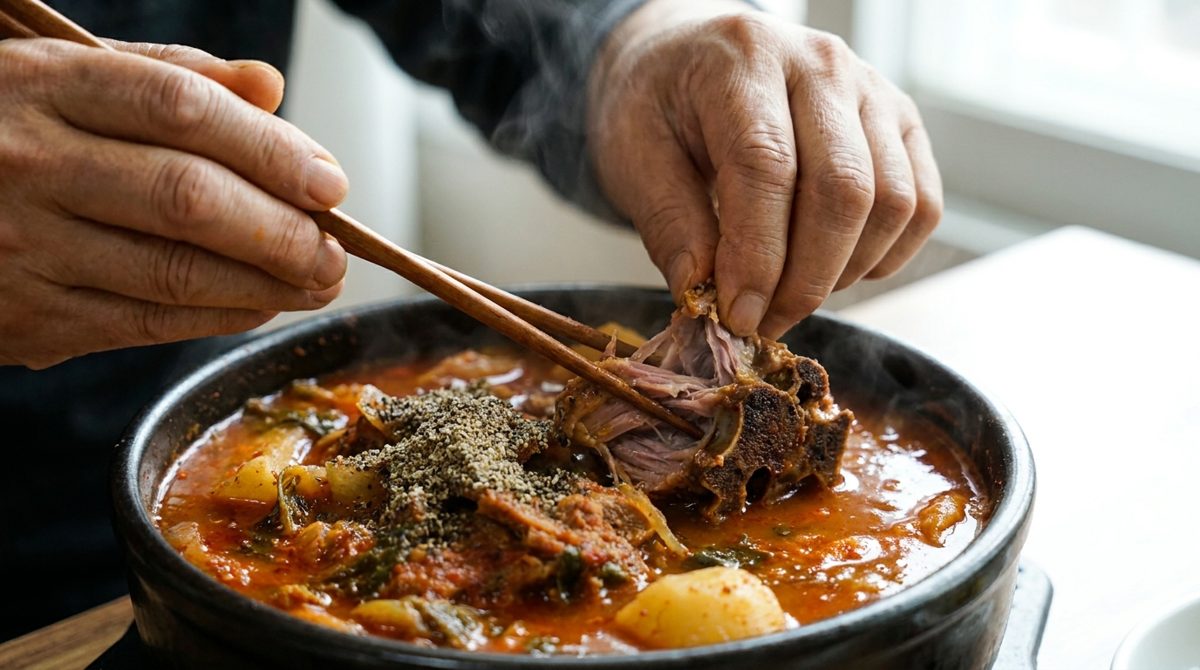 Close-up of tender pork meat pulled from a gamjatang backbone piece with chopsticks
