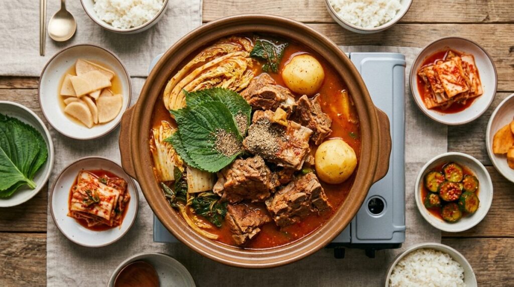 Gamjatang - Korean pork backbone and potato stew with perilla leaves in spicy red broth