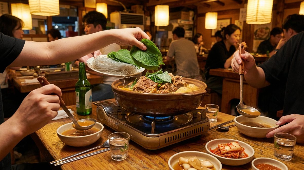 Sharing pot of gamjatang pork bone stew on a table burner at a Korean restaurant