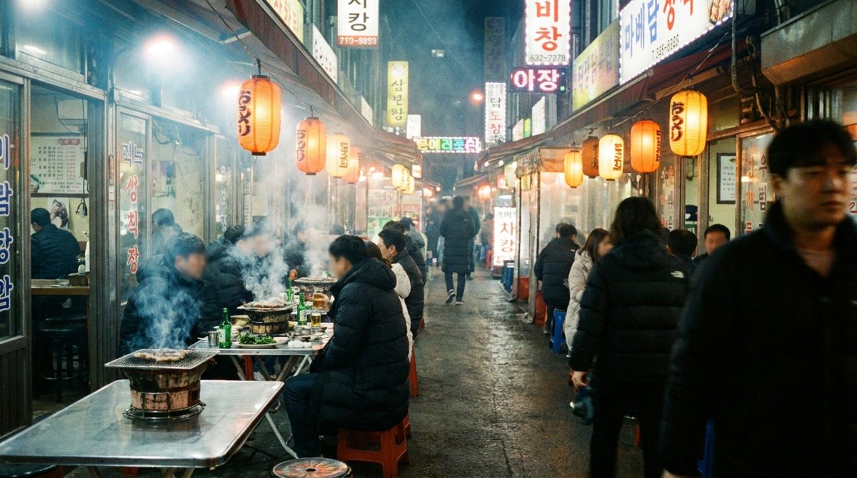 Gopchang alley in Seoul at night with smoke rising from grilled intestine restaurants