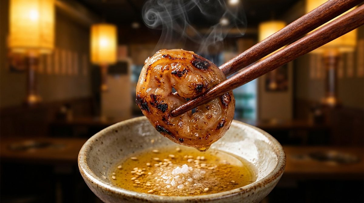 Close-up of crispy chewy gopchang grilled intestine piece held with chopsticks