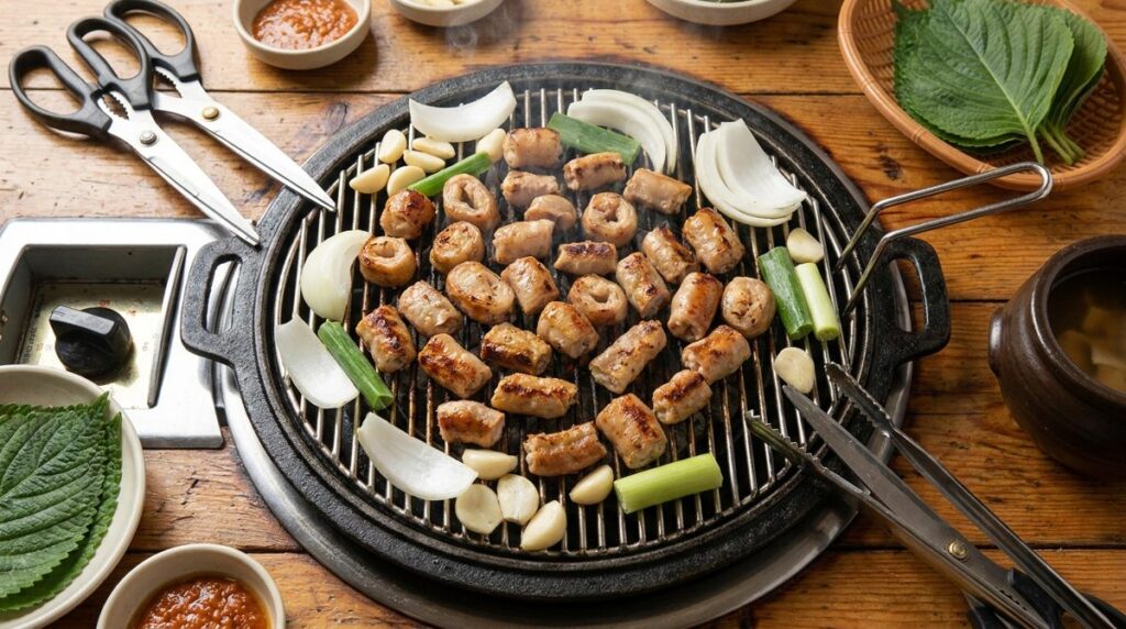 Gopchang Korean grilled beef intestines sizzling on a charcoal grill with garlic and onions