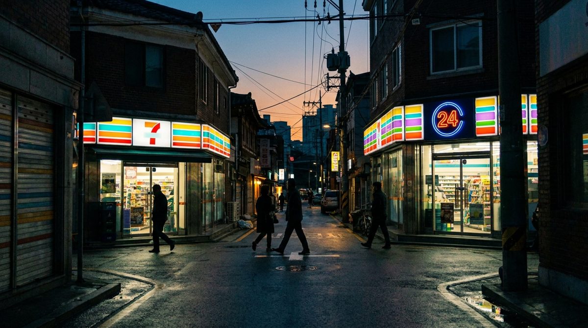 GS25 and CU convenience stores side by side on a Korean street
