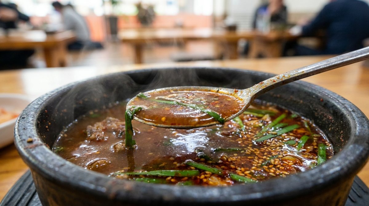 Spoonful of haejangguk hangover soup broth close-up