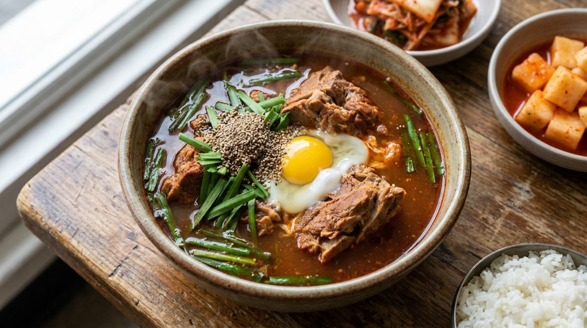 Haejangguk Korean hangover soup - spicy pork bone bowl with raw egg
