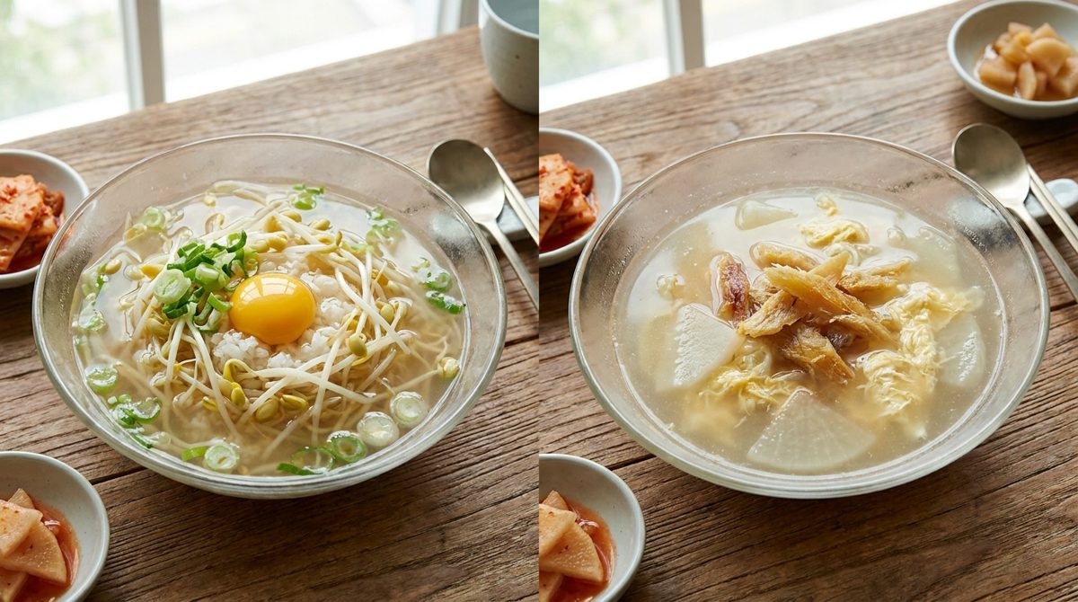 Mild haejangguk variants - kongnamul-gukbap and bugeoguk side by side