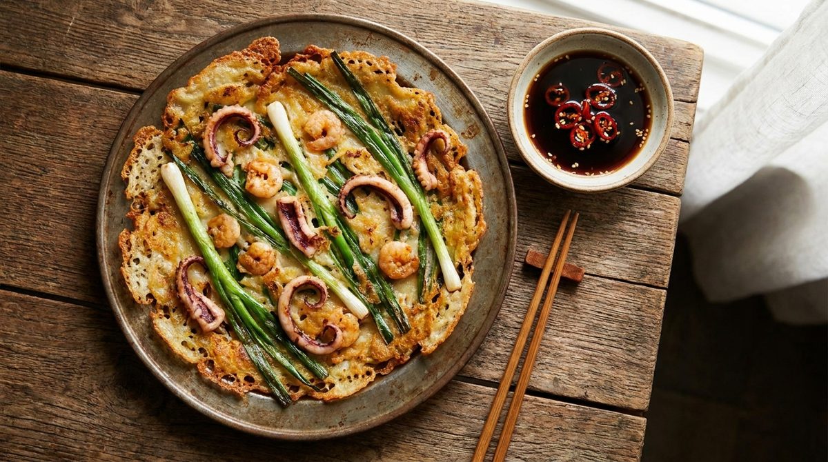 Haemul pajeon - Korean seafood and green onion pancake with soy dipping sauce
