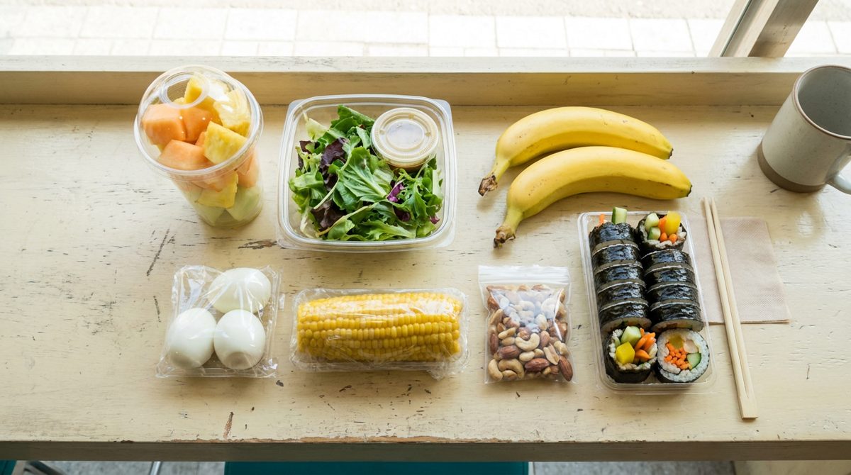 Halal Korean convenience store safe picks - fruit cup, salad, bananas, eggs, corn, nuts and vegetable kimbap on a store counter
