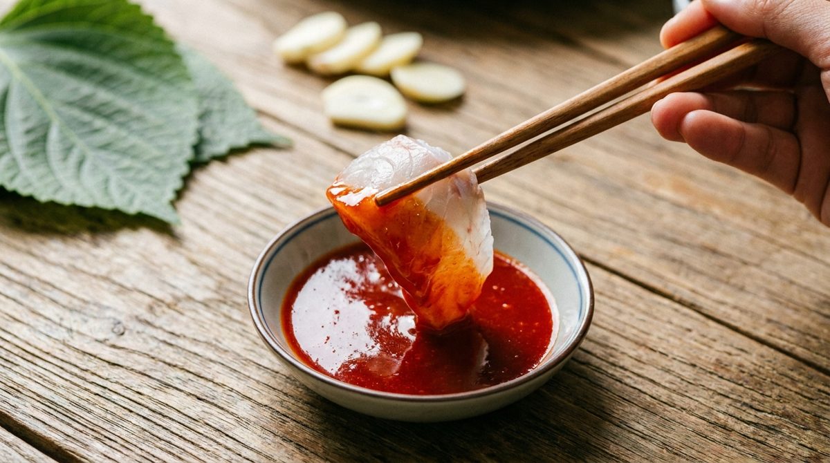 Dipping a slice of hoe Korean raw fish into red chojang gochujang vinegar sauce with chopsticks