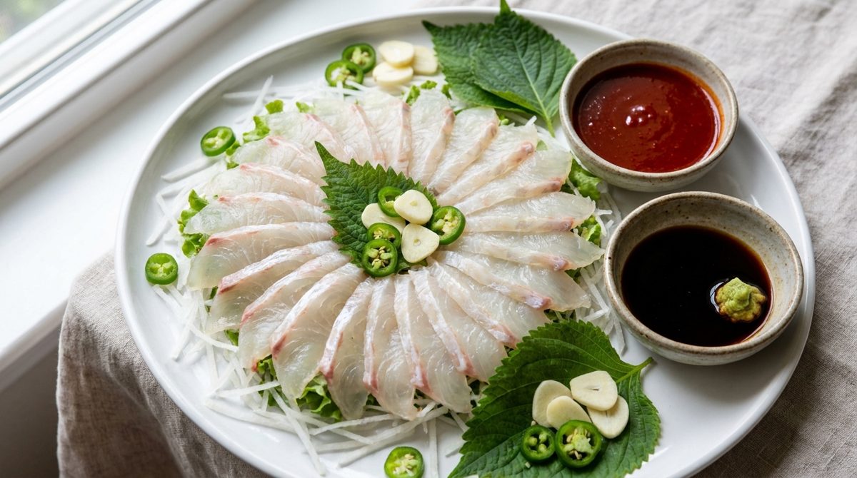 Hoe Korean raw fish sashimi platter, thin sliced flounder and halibut with chojang dipping sauce