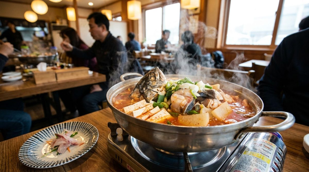 Maeuntang spicy Korean fish soup, the traditional follow-up course made from leftover hoe fish bones