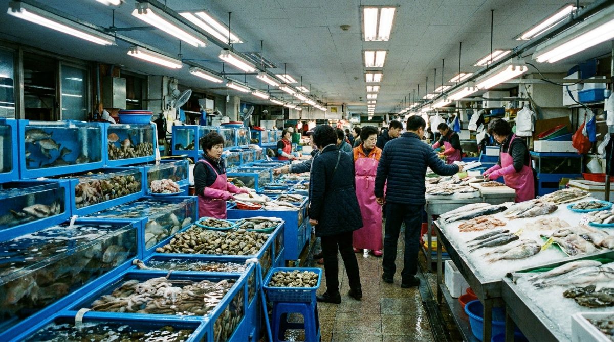Noryangjin-style live fish market in Korea where diners pick fresh fish for hoe raw fish sashimi