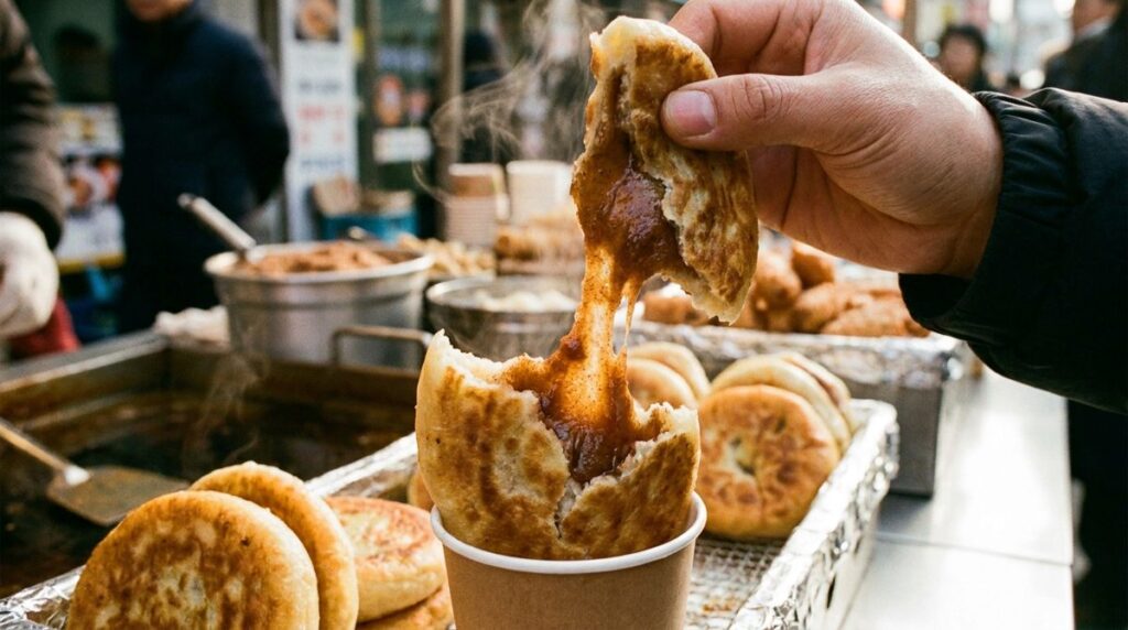 Hotteok - Korean sweet pancake with molten brown sugar cinnamon filling