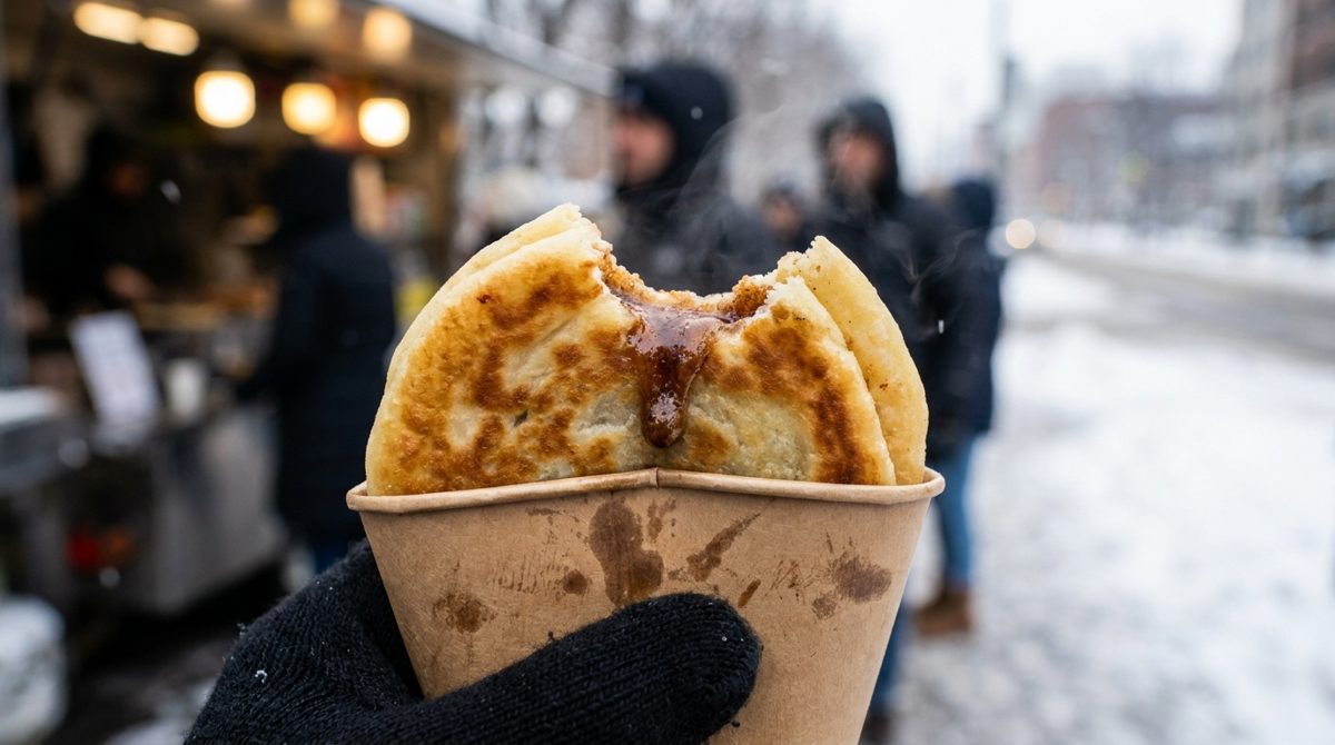 Eating hot hotteok Korean sweet pancake in a paper cup on a winter street