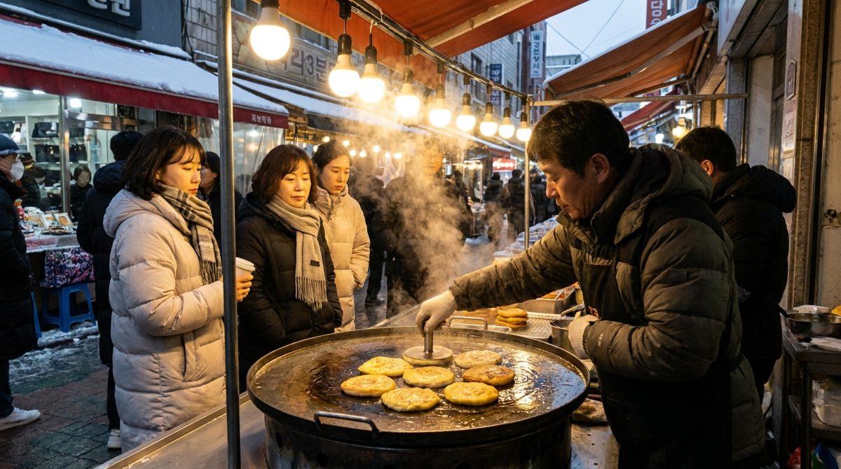 Korean street vendor pressing hotteok pancakes on an oiled griddle in winter