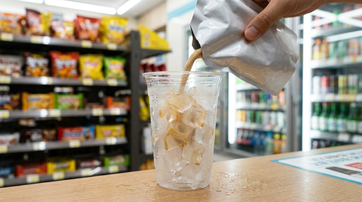 Ice cup and pouch coffee combo at a Korean convenience store