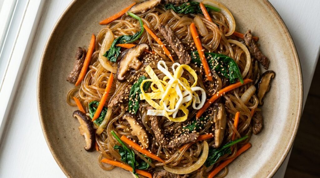 Japchae - Korean glass noodle stir-fry with vegetables and beef