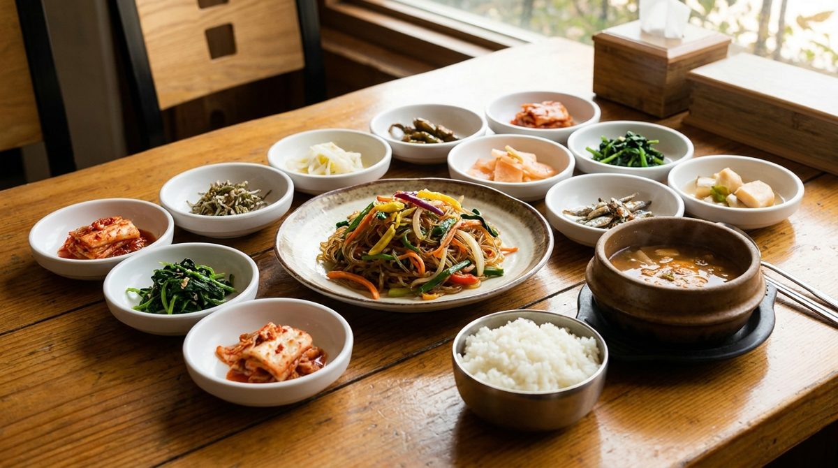 Japchae served with rice, soup and banchan at a Korean restaurant