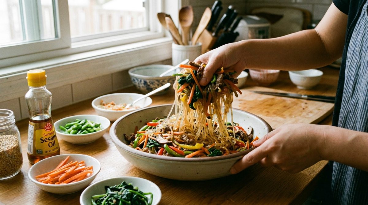 Making japchae - tossing sweet potato glass noodles with stir-fried vegetables