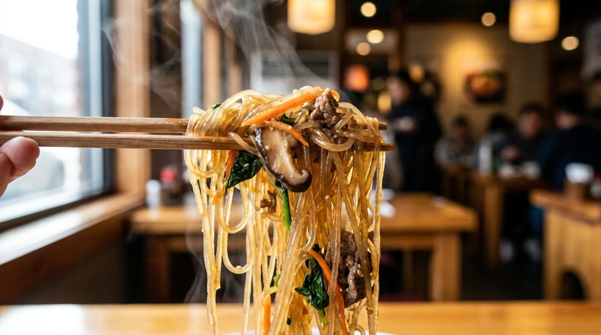 Close-up of japchae sweet potato glass noodles lifted with chopsticks