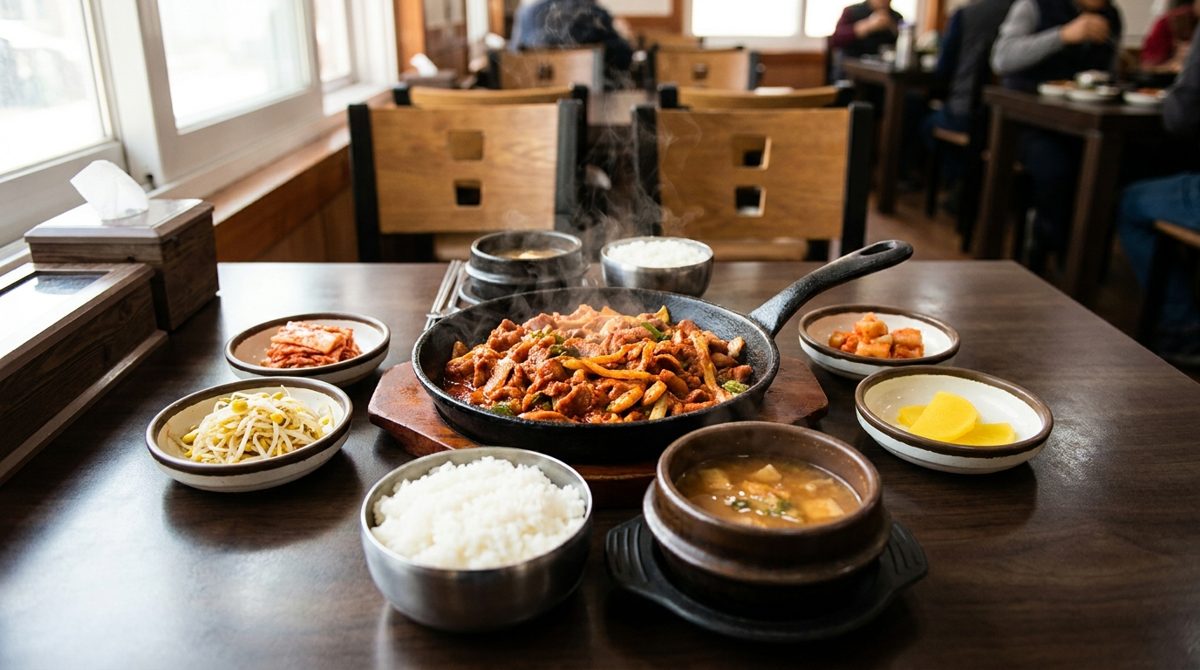 Jeyuk bokkeum served as a Korean baekban set with rice, soup and banchan
