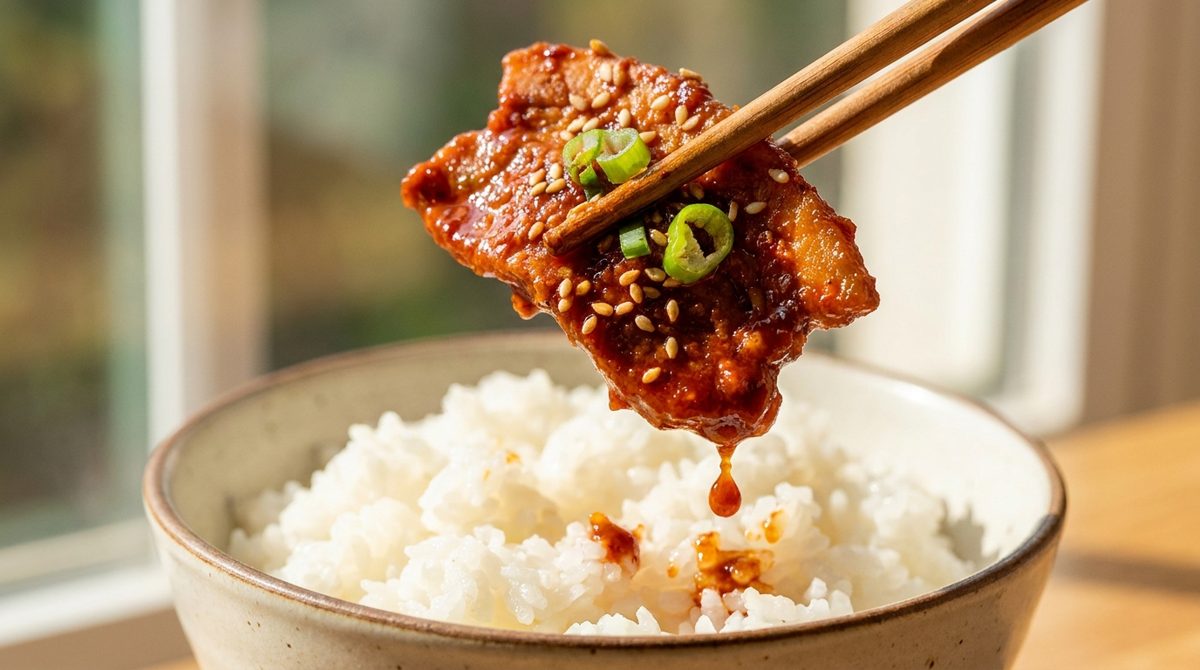 Close-up of jeyuk bokkeum spicy pork lifted with chopsticks over rice