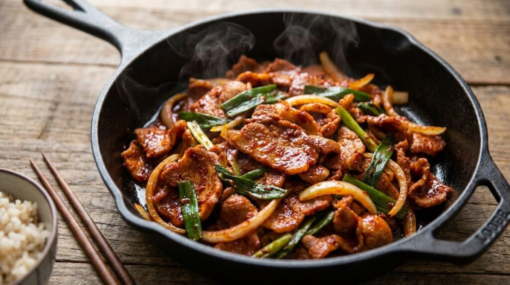Jeyuk bokkeum - Korean spicy stir-fried pork with onions in a sizzling pan