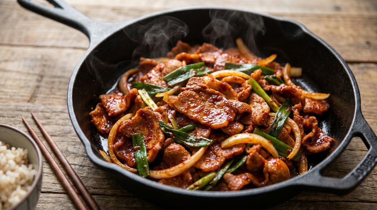 Jeyuk bokkeum - Korean spicy stir-fried pork with onions in a sizzling pan