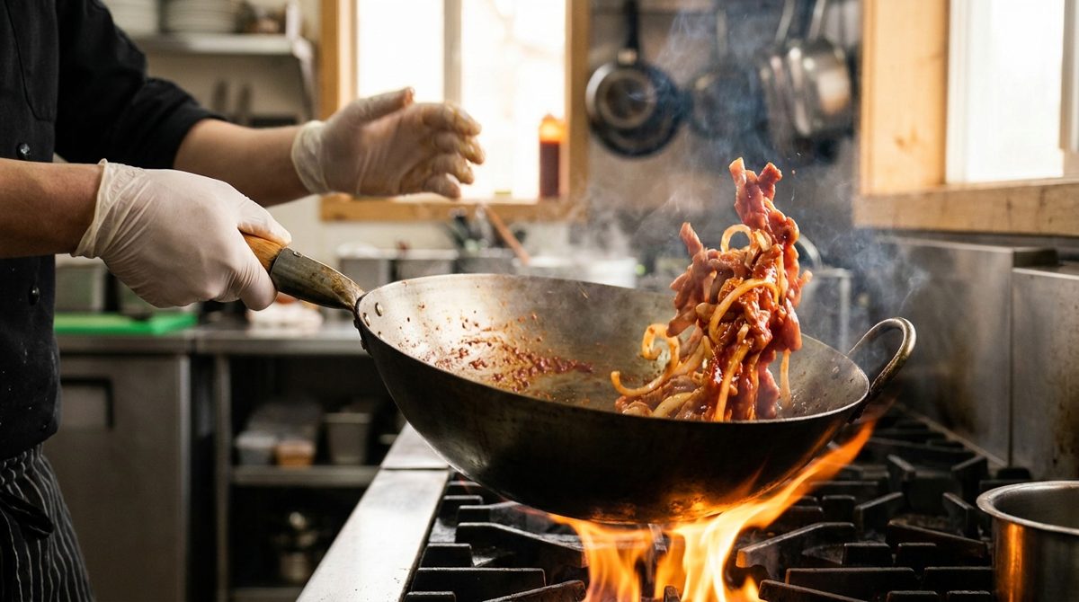 Stir-frying marinated pork for jeyuk bokkeum in a hot wok