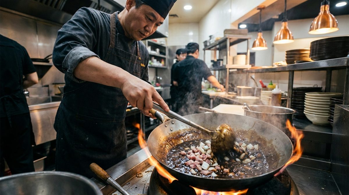 Chef wok-frying chunjang black bean sauce with pork and onions for jjajangmyeon