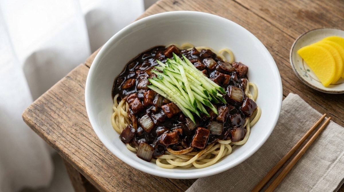 Jjajangmyeon - Korean black bean sauce noodles topped with cucumber, with pickled radish on the side