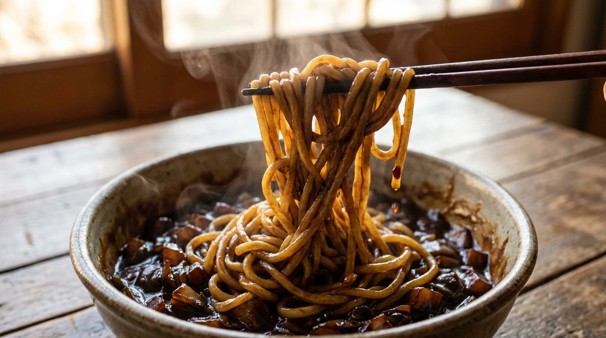 Chopsticks lifting jjajangmyeon black bean noodles from the bowl after mixing