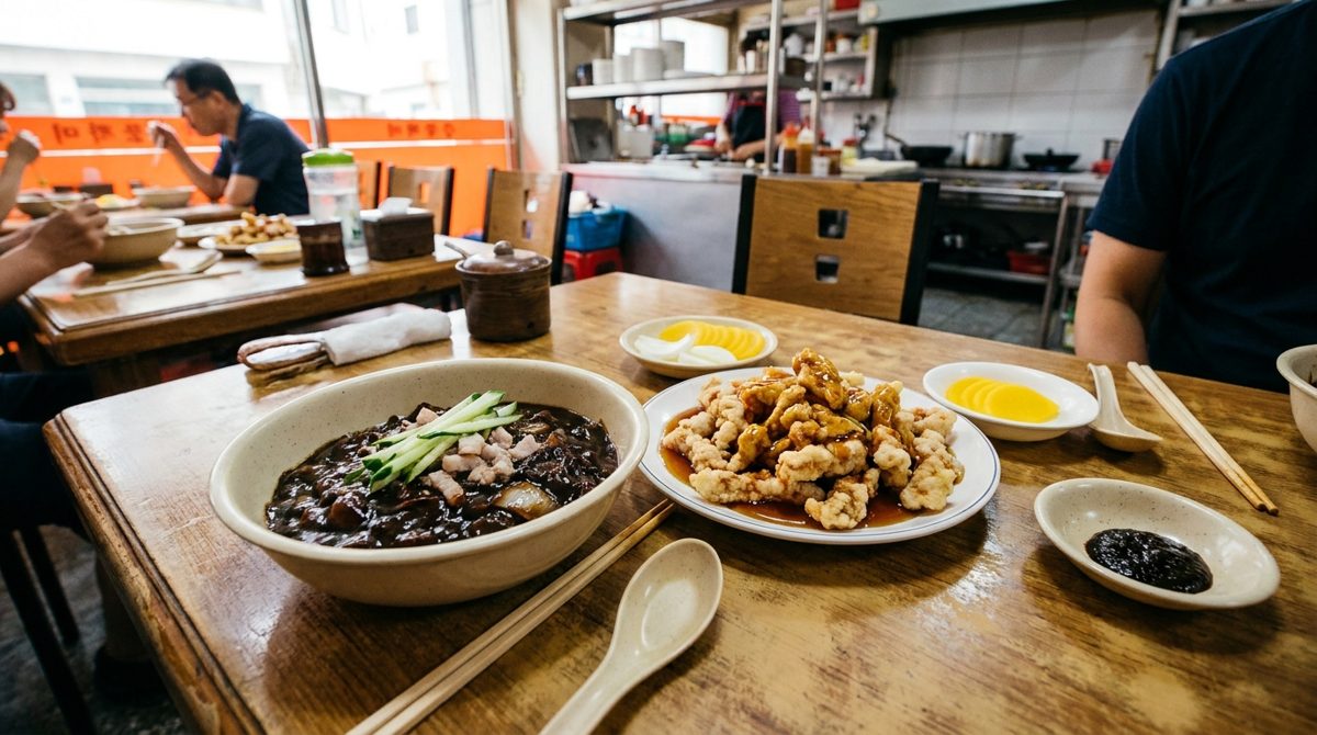 Jjajangmyeon served with tangsuyuk sweet and sour pork and pickled radish at a Korean-Chinese restaurant