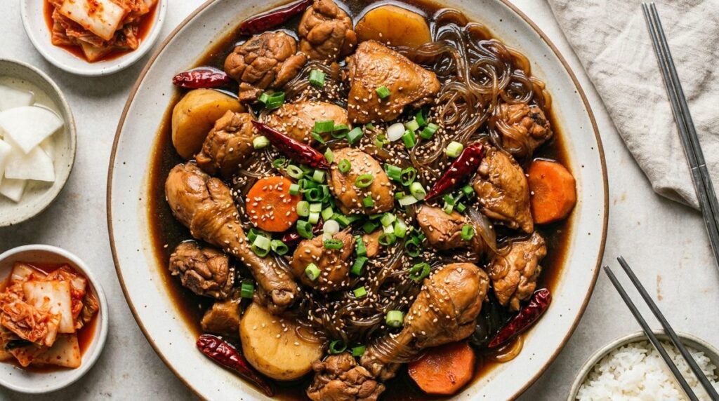 Jjimdak - Andong braised chicken platter with glass noodles and vegetables in soy sauce