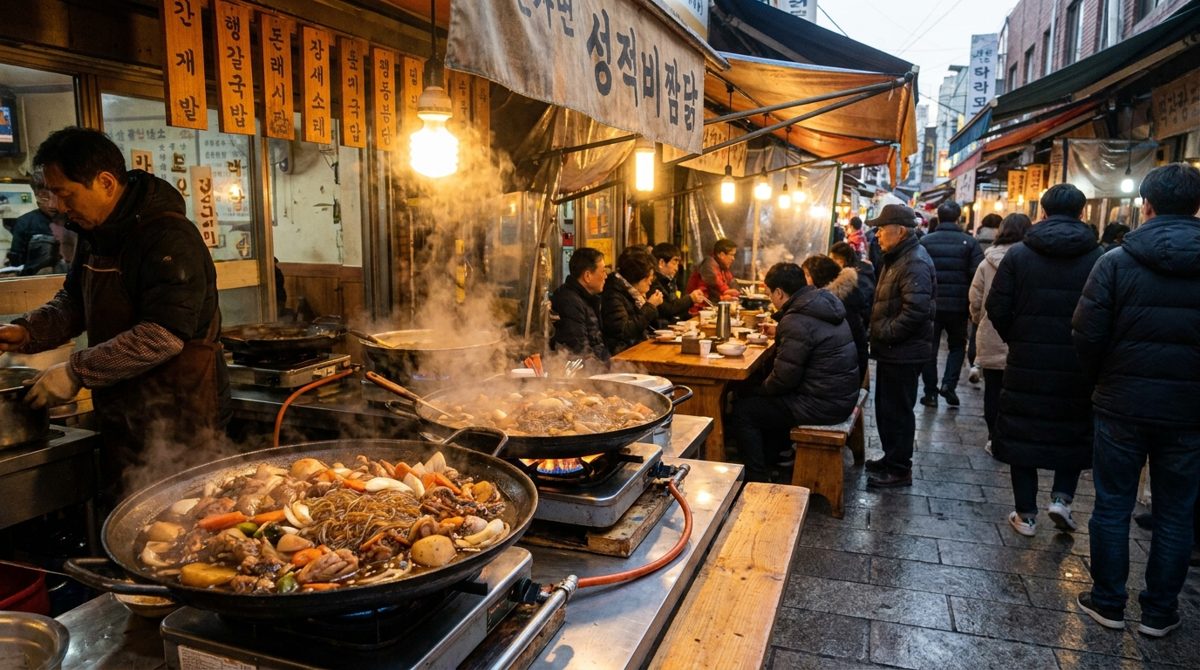 Jjimdak alley at Andong Old Market with pans of braised chicken cooking