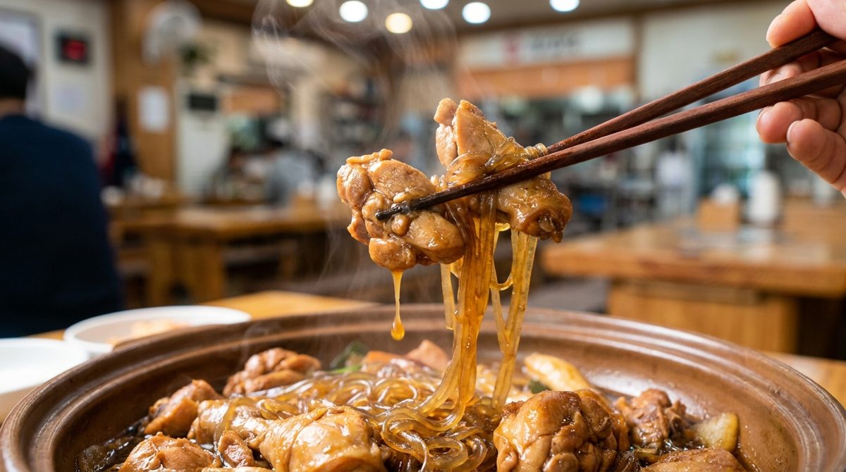 Close-up of jjimdak soy-braised chicken and glass noodles lifted with chopsticks