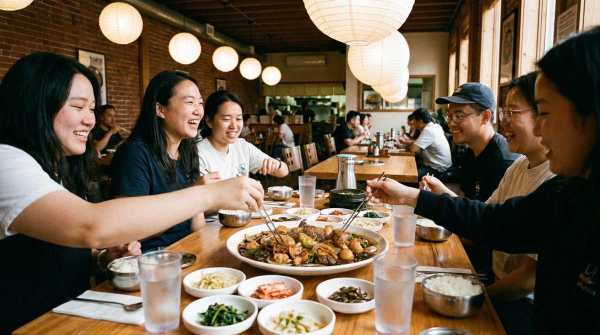 Friends sharing a jjimdak braised chicken platter at a Korean restaurant