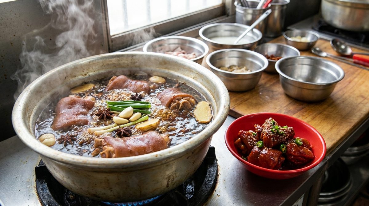 Jokbal braising pot with soy sauce broth and spicy maekbal variant