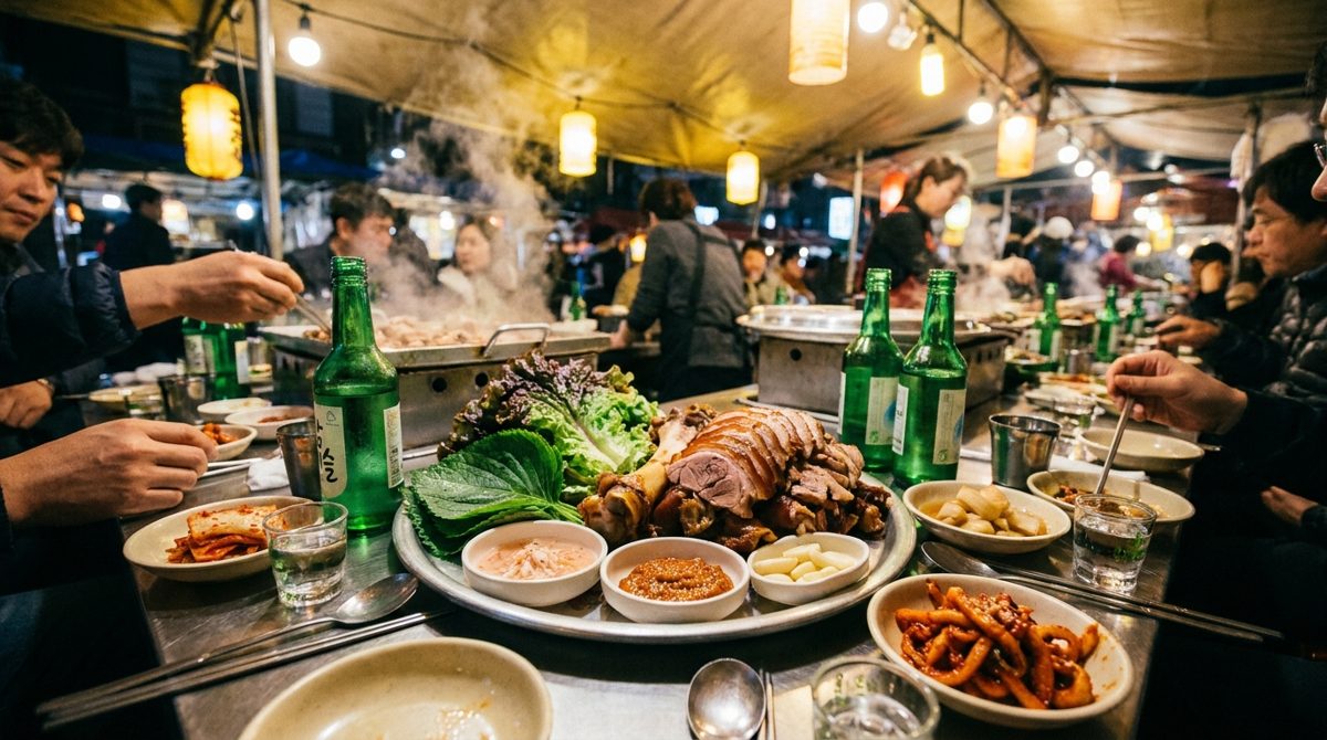 Jokbal shared at a Korean restaurant table with soju - late-night anju food