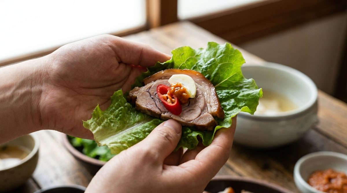 Wrapping jokbal in lettuce with garlic and ssamjang - how to eat Korean pig trotters