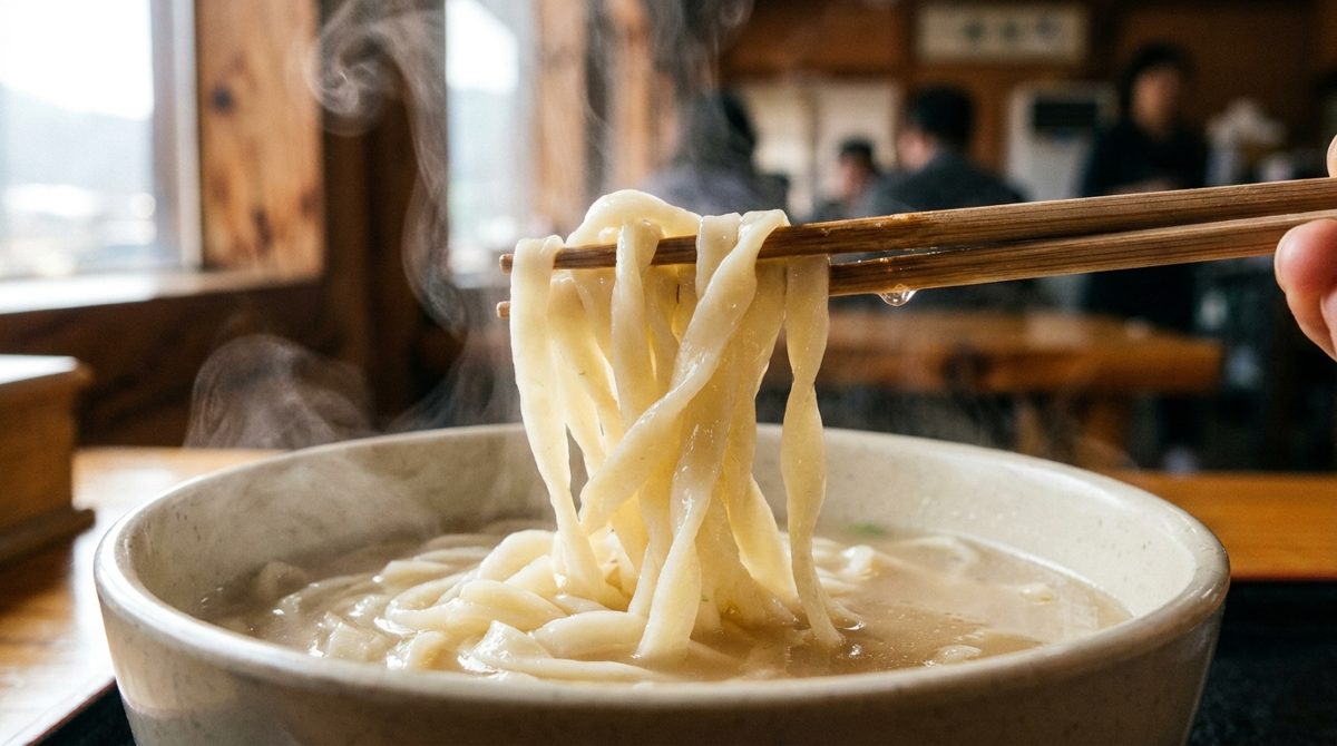 Chopsticks lifting wide hand-cut kalguksu noodles from a steaming bowl
