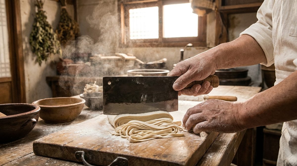 Hand-cutting fresh dough into wide kalguksu noodles with a kitchen knife