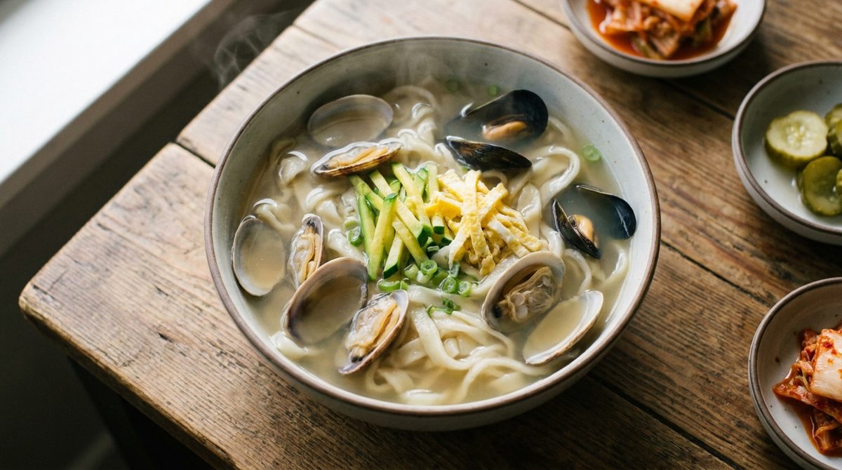 Kalguksu Korean knife-cut noodle soup with clams and wide wheat noodles in broth