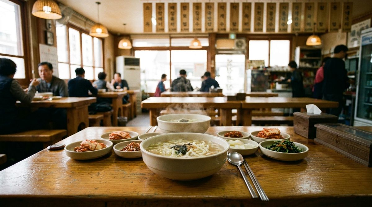 Kalguksu served at a Korean noodle restaurant table with banchan side dishes