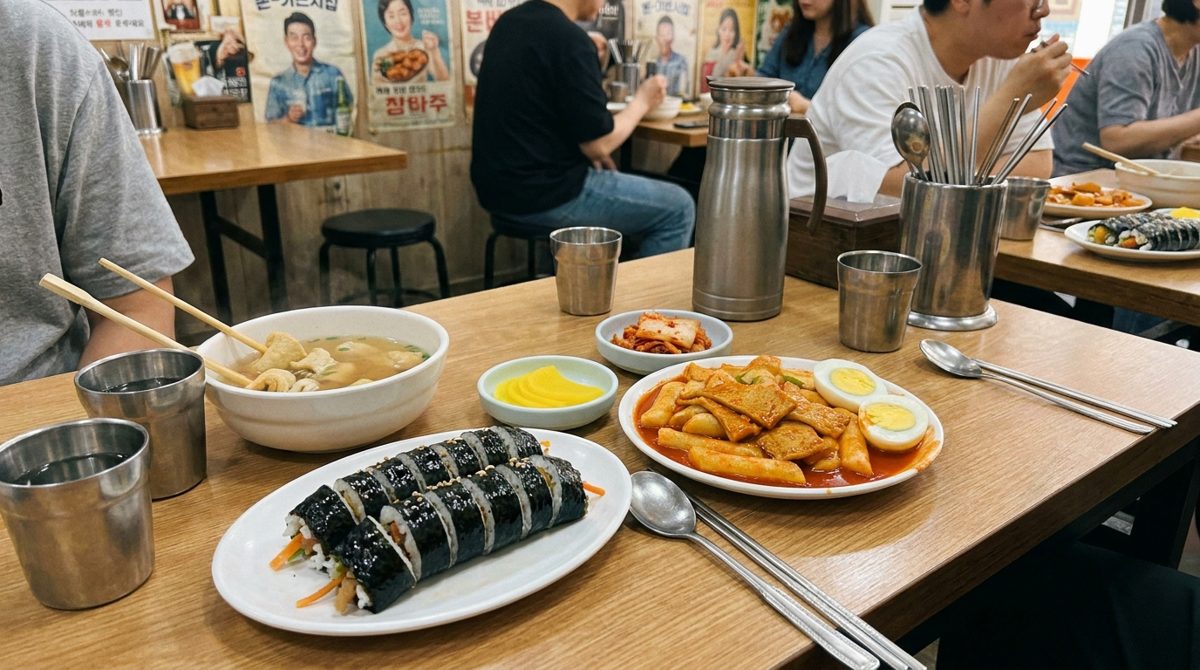 Kimbap with tteokbokki at a casual Korean bunsik snack restaurant