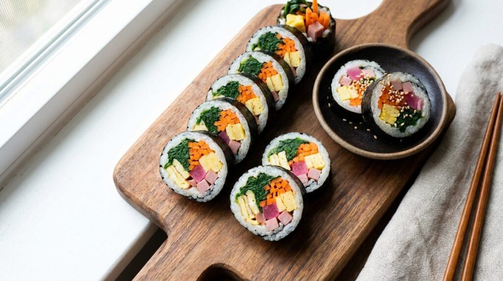 Kimbap - Korean seaweed rice rolls sliced to show colorful fillings
