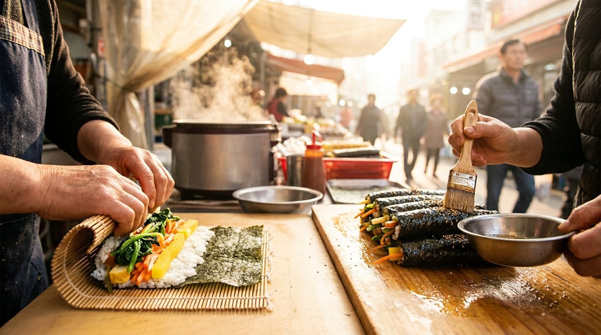 Kimbap being rolled on a bamboo mat at a Korean market stall