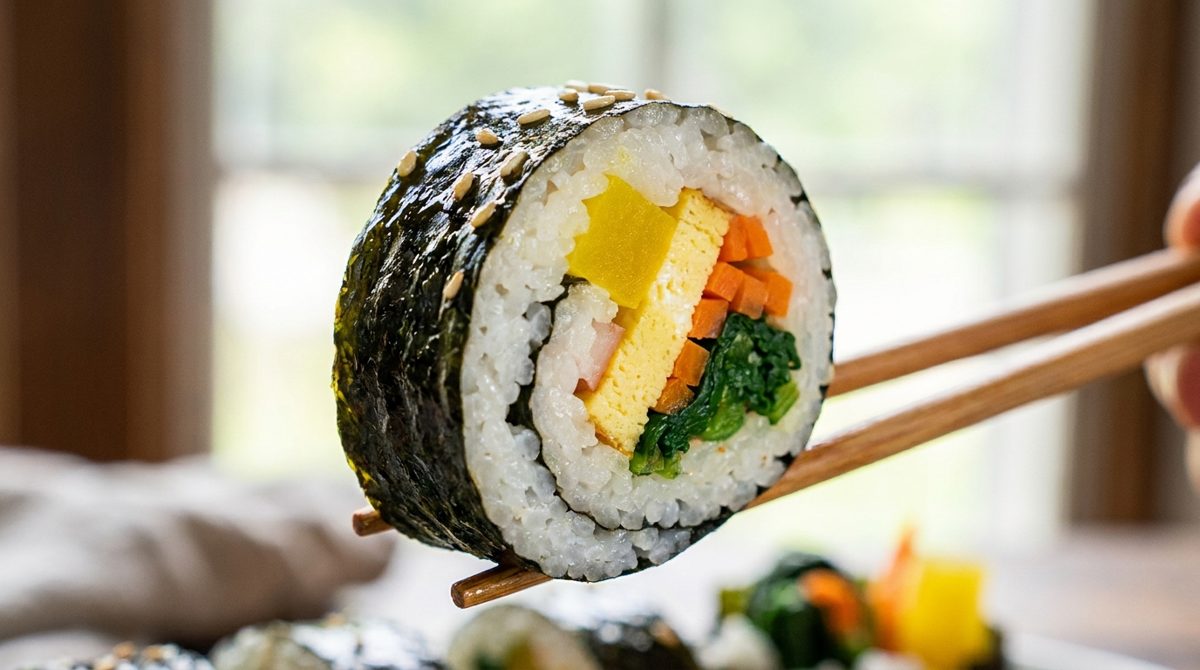Close-up of a kimbap slice with rice, pickled radish, egg and vegetables
